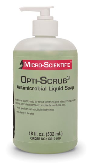 Soap Antimicrobial Opti-Scrub® Hand and Skin Cleaner Liquid 18 oz. Bottle Scented PCMX Chloroxylenol (1/EA 12/CS) by Micro-Scientific USA  ID OS12-018